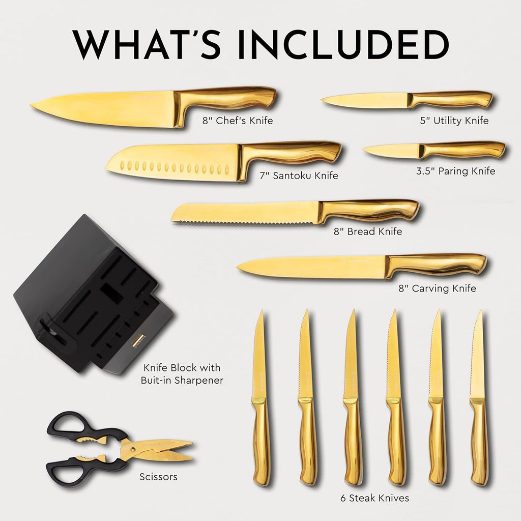 Black and Gold 19-Piece Knife and Cooking Utensil Set with Self Sharpening Block S922
