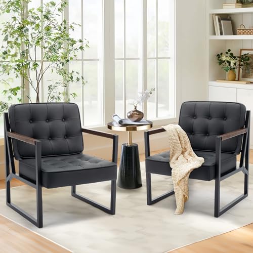 COLAMY Mid Century Modern Accent Chair Set of 2, Faux Leather, Black S4169