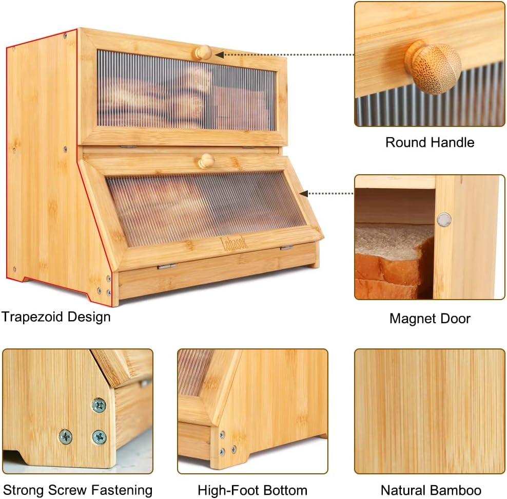 Double Layer Bamboo Bread Box for Kitchen Counter with Window Y937388