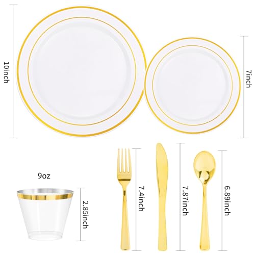 bUCLA 300PCS Gold Disposable Dinnerware Set - White and Gold Plastic Plates for Party S185