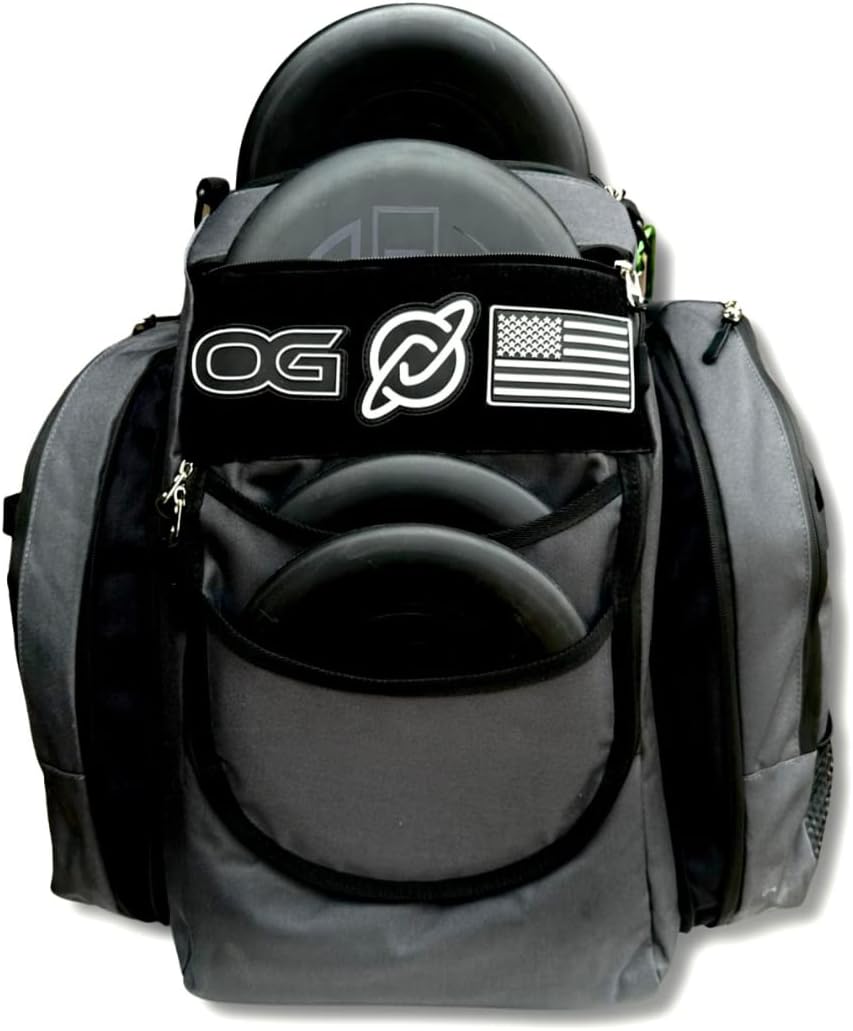 Discology Disc Golf OG V2 Grey & Black Disc Golf Bag | 26+ Disc Capacity | Premium Disc Golf Backpack Bag | Durable Design | 2 Large Side Compartments | Two Patches Included - Flag Patch Not Included