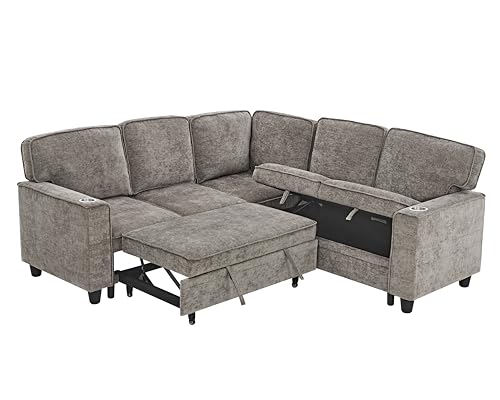 L-Shaped Pull Out Sleep Sofabed with Storage Chaise, Chenille Upholstered X30892