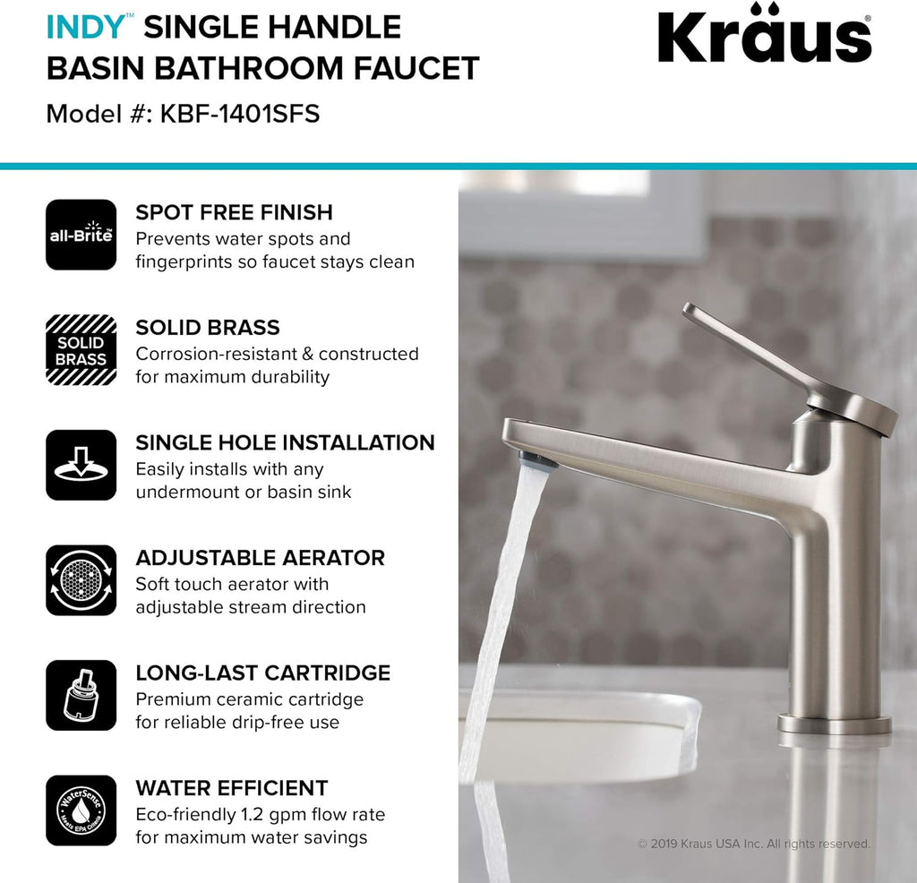 KRAUS Indy Single Handle Basin Bathroom Faucet, Spot Free Stainless Steel T51908