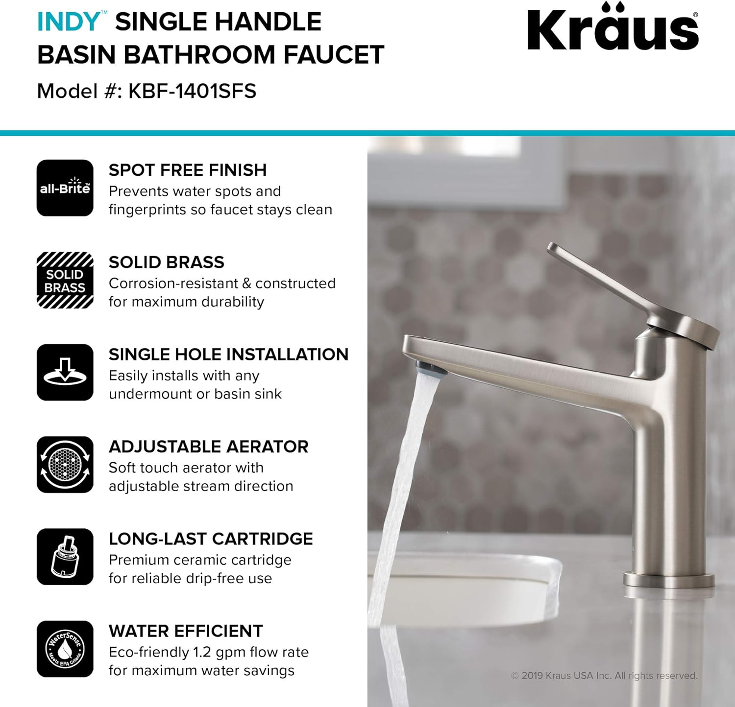 KRAUS Indy Single Handle Basin Bathroom Faucet, Spot Free Stainless Steel T51908