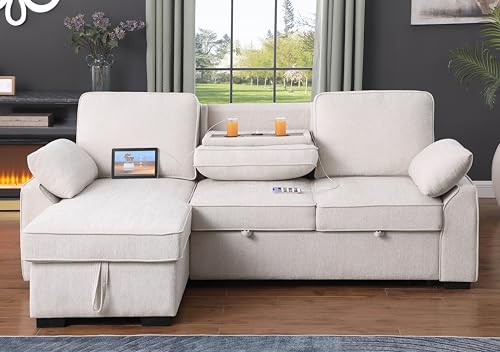 L-Shaped Pull Out Sleep Sofabed with Storage Chaise, Chenille Upholstered X30892