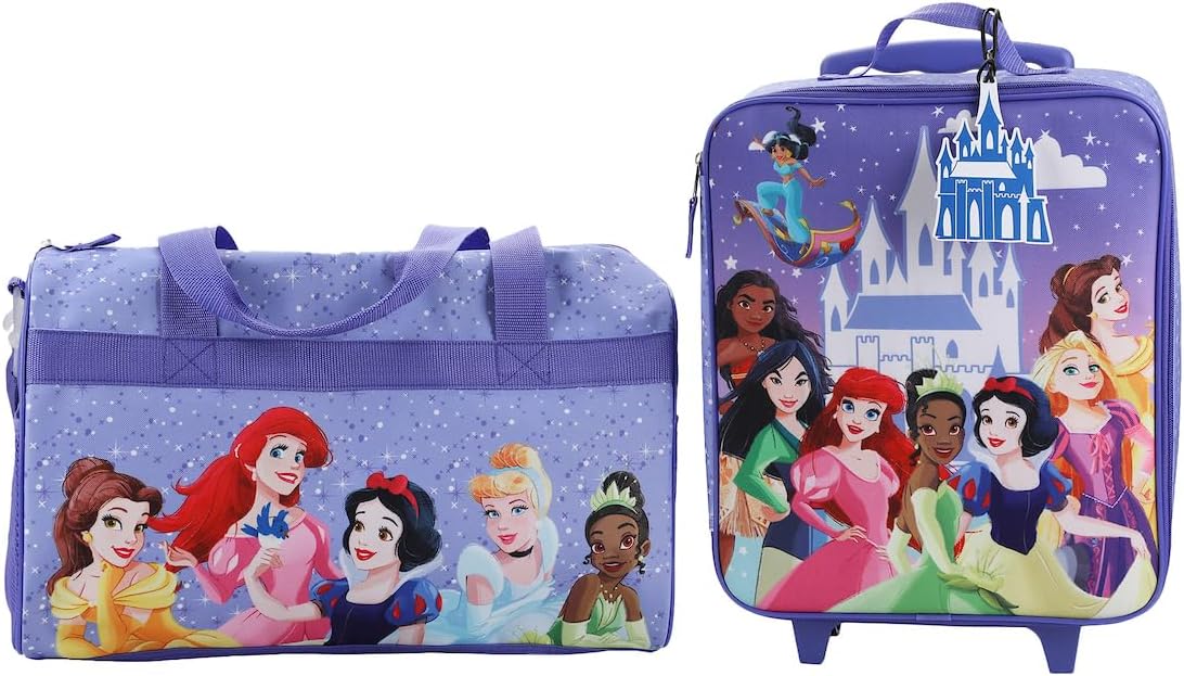 Bioworld Disney Princess Castle & Princesses 3-Piece Youth Duffle Bag Travel Set With Pilot Case & Luggage Tag