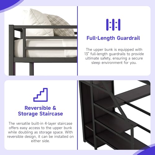 Full Size Metal Loft Bed with L Shaped Desk, Storage Stairs & Charging Station O106322