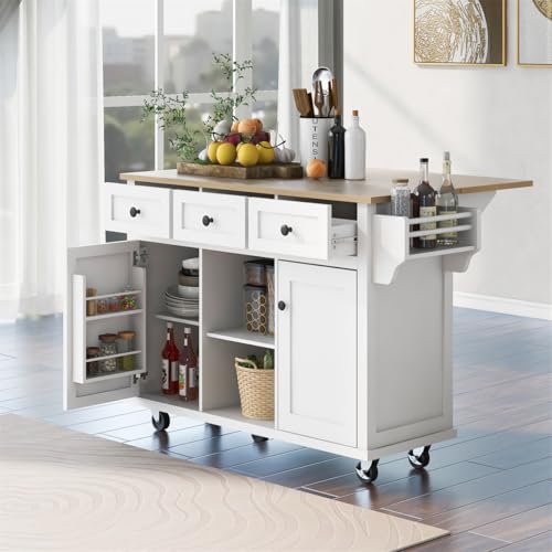 Kitchen Island with Storage, Rolling Kitchen Cart with Drop-Leaf Countertop, Black T7490