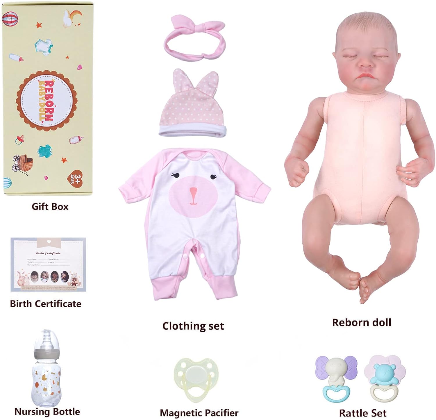 JIZHI Lifelike Reborn Baby Doll 17-Inch Soft Cloth Body Realistic Newborn Girl with Toy Accessories O877