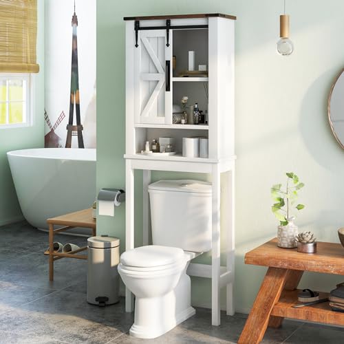oneinmil Over The Toilet Storage Cabinet, Farmhouse White with Barn Doors B300