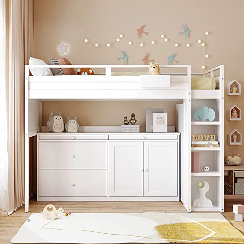 BIADNBZ Double Twin Loft Bed with Wardrobes and Storage Stair, Wooden Frame, White S4663