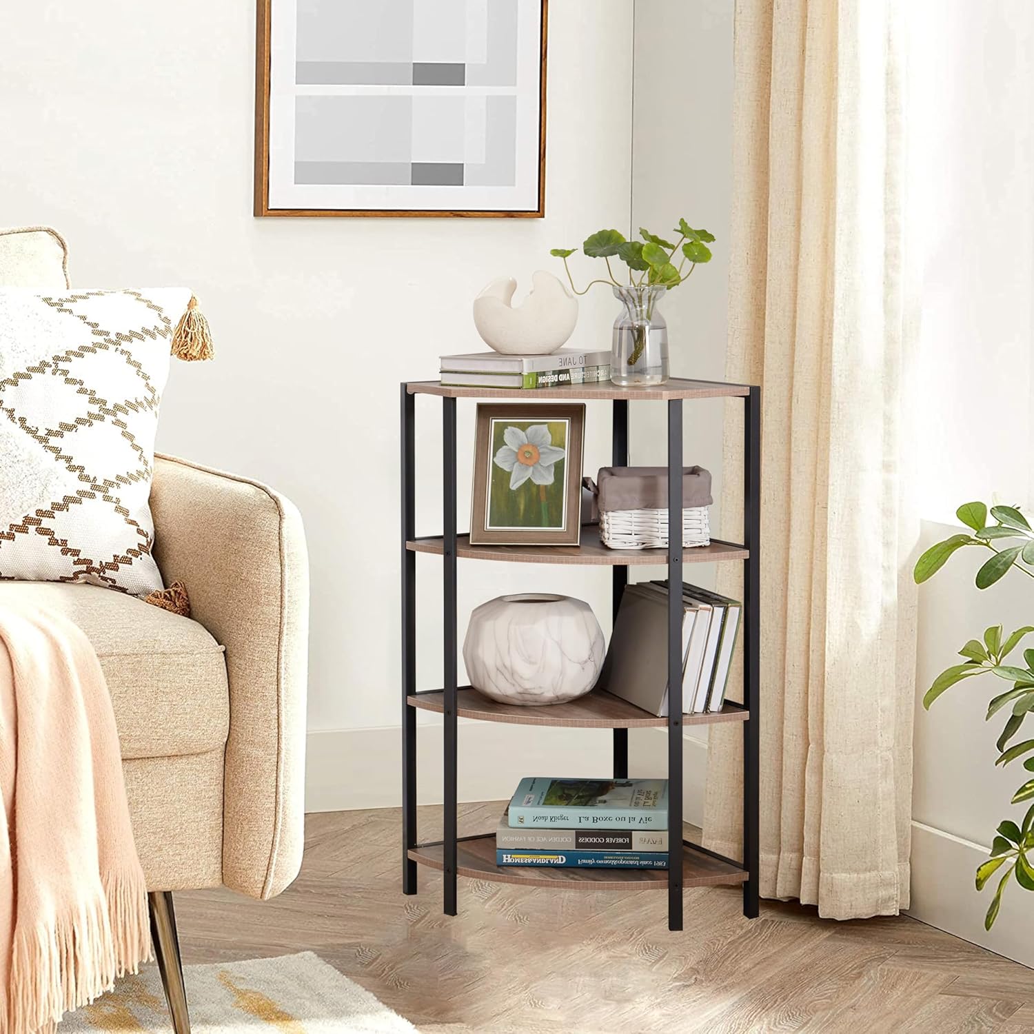 JOIN IRON 4-Tier Corner Bookshelf, Industrial Ladder Shelf, Storage Organizer F430