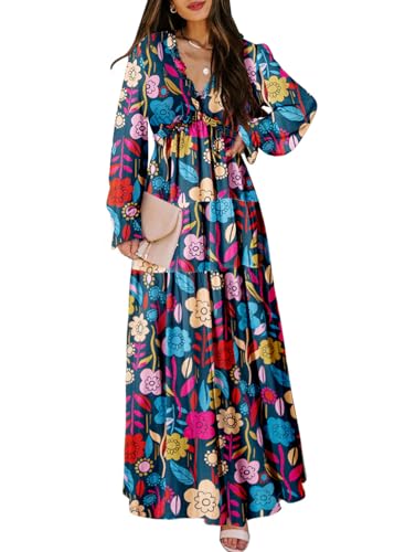 BLENCOT Womens Casual Floral Deep V Neck Long Sleeve Long Evening Dress Cocktail Party Maxi Wedding Dresses