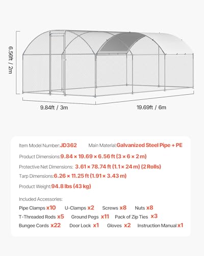 VEVOR Large Metal Chicken Coop with Run, Walk-in Outdoor Poultry Pen W388