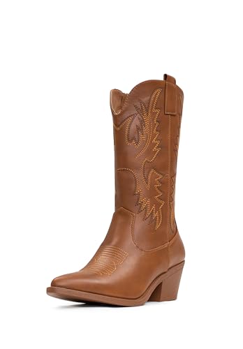 IUV Cowboy Boots For Women Western Boots Cowgirl Boots Pull On Pointy Toe Mid Calf Boots