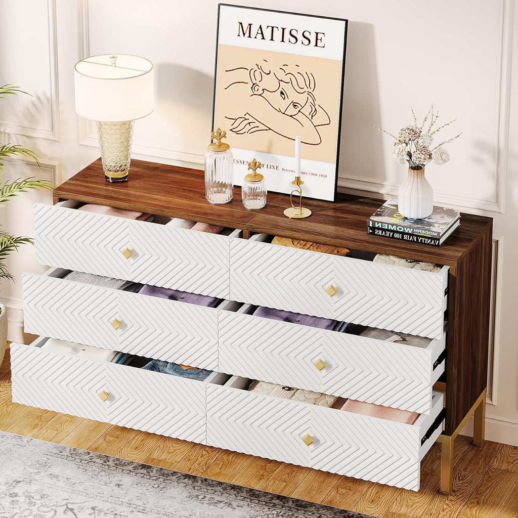 Tribesigns 6-Drawer Dresser for Bedroom, Wood Storage Cabinet with Gold Legs, White & Brown T408265