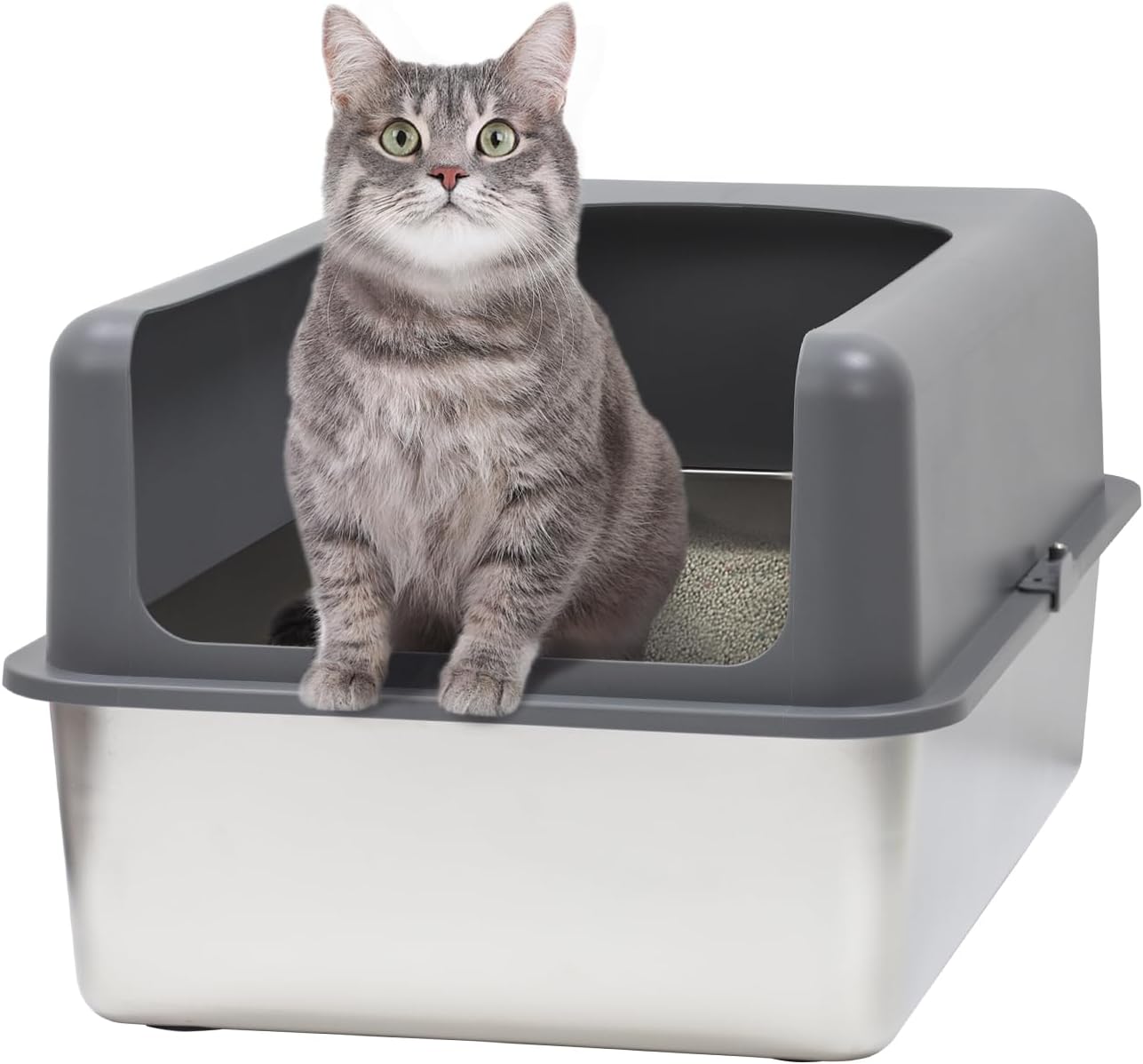 High-Sided Stainless Steel Cat Litter Box,Stainless Steel Litter Box with Lid,Extra Medium Box,Easy-to-Clean Metal Litter Pan for Cats (19''L X 14''W X 6''H with Enclosure)