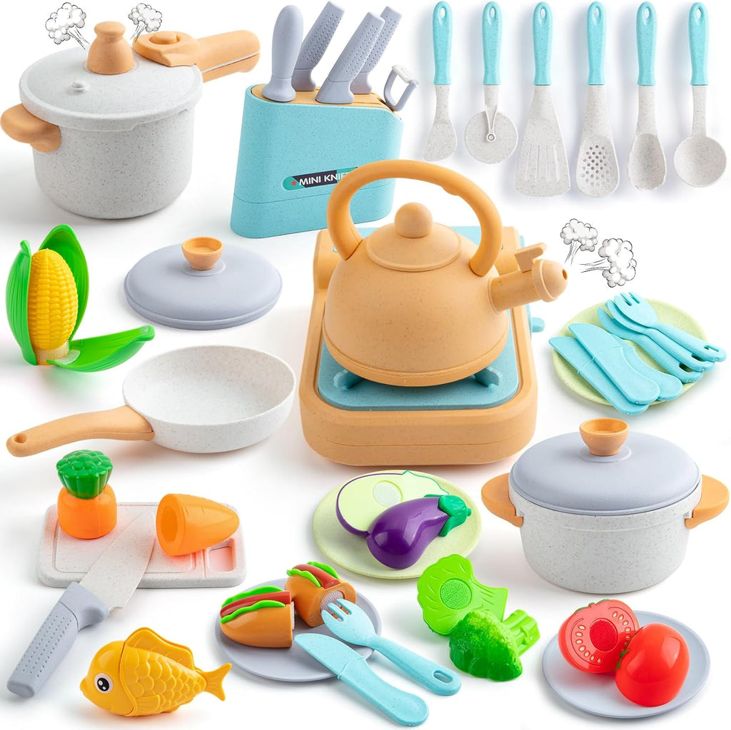 Pretend Play Kitchen Accessories Set, 44PCS Kids Kitchen Playset Cookware Toys with Play Pots and Pans, Gas Stove with Sound & Light,Cooking Utensils Play Food Kitchen Toys Gift for Girls Boys