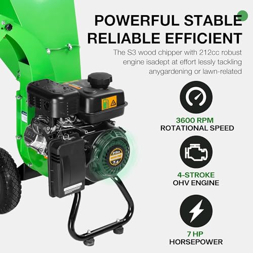 S3 Wood Chipper Shredder 7HP 212cc Gas Powered, 3" Max Capacity T367235