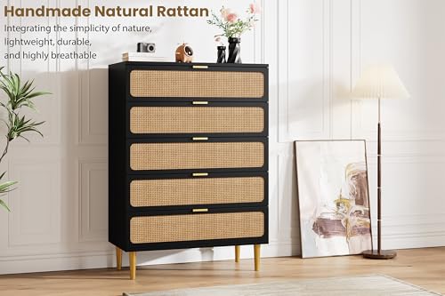 Rattan 5 Drawer Tall Dresser for Bedroom, Black V99880