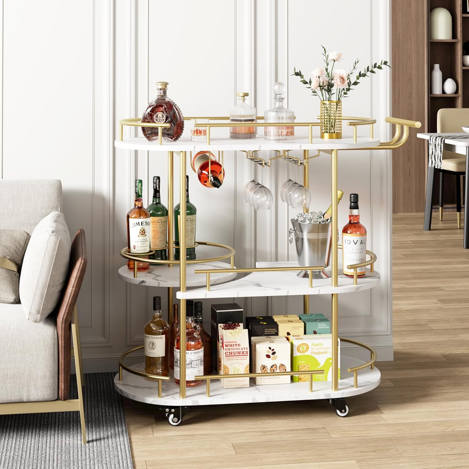 GAOMON Gold 3-Tier Rotating Bar Cart with Wheels and Wine Rack Y344690