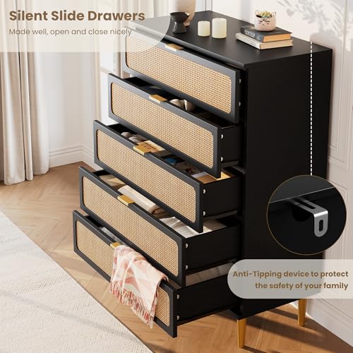 Rattan 5 Drawer Tall Dresser for Bedroom, Black V99880