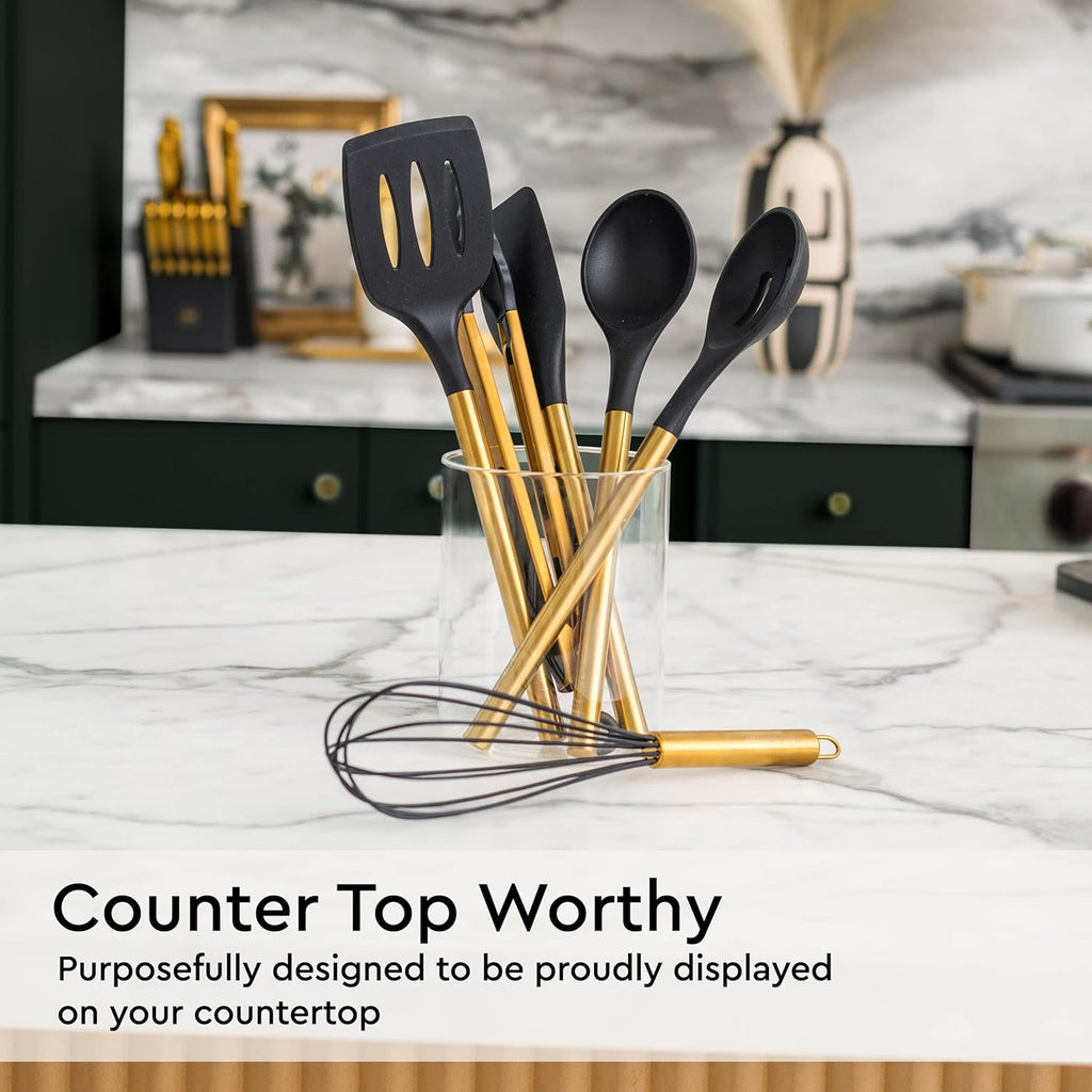Black and Gold 20-Piece Knife Set with Block and Silicone Utensils Q8450