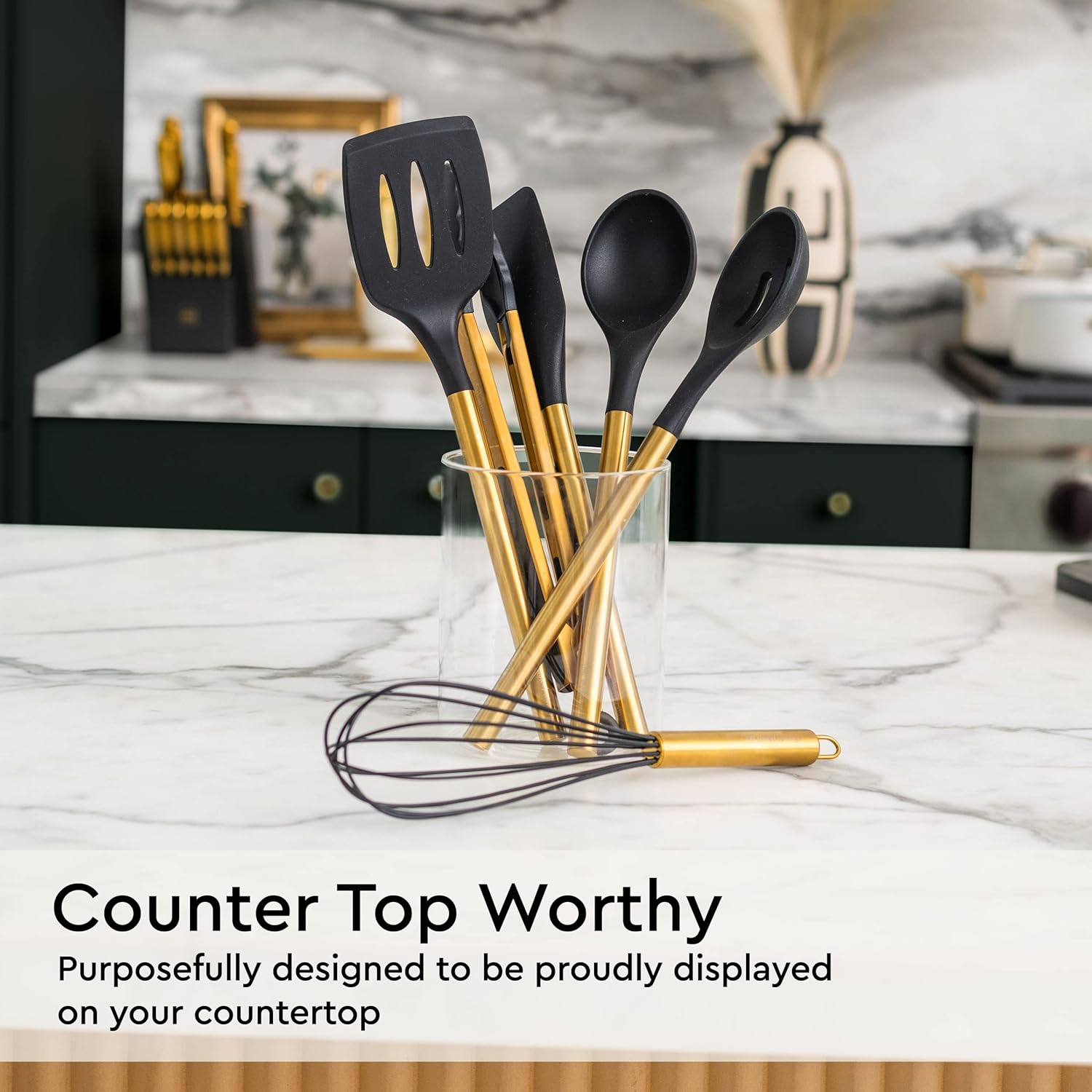 Black and Gold 20-Piece Knife Set with Block and Silicone Utensils Q8450