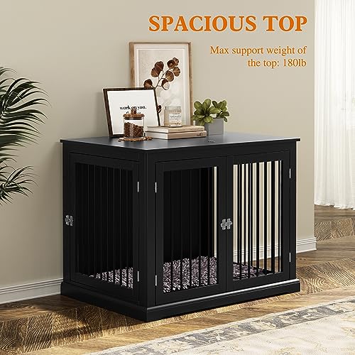Large Dog Crate Furniture with Cushion, Flip Top, Black H57930