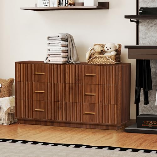 Fluted 5 Drawers Dresser for Bedroom, Wooden Tall Storage, Walnut L1075
