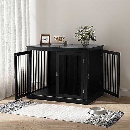 Large Dog Crate Furniture with Cushion, Flip Top, Black H57930