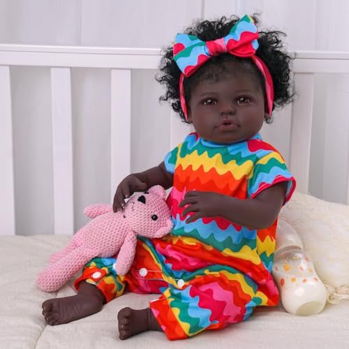 BABESIDE Lifelike Reborn Black Girl 18-Inch Realistic Baby Doll with Clothes and Toy B85311