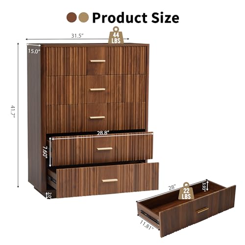 Fluted 5 Drawers Dresser for Bedroom, Wooden Tall Storage, Walnut L1075