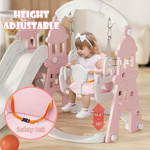 67i Toddler Swing and Slide Set 5 in 1 Indoor Playset with Basketball Frame (Pink) J1947
