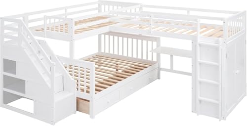 MERITLINE Twin Over Full Triple Bunk Bed with Storage Stairs, Solid Wood, Grey R998