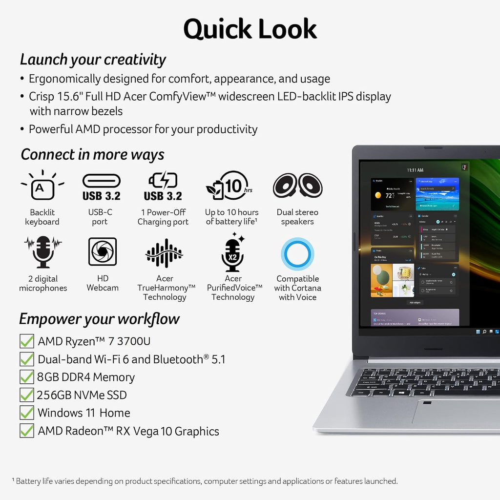 Acer Aspire 5 A515-46-R3CZ Slim Laptop, 15.6" Full HD, Ryzen 7, 8GB RAM, 256GB SSD, Windows 11 A7570