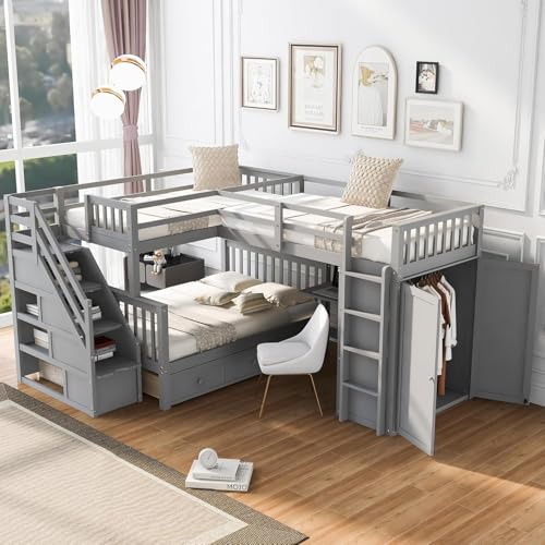 MERITLINE Twin Over Full Triple Bunk Bed with Storage Stairs, Solid Wood, Grey R998