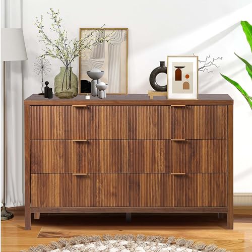 Fluted 5 Drawers Dresser for Bedroom, Wooden Tall Storage, Walnut L1075