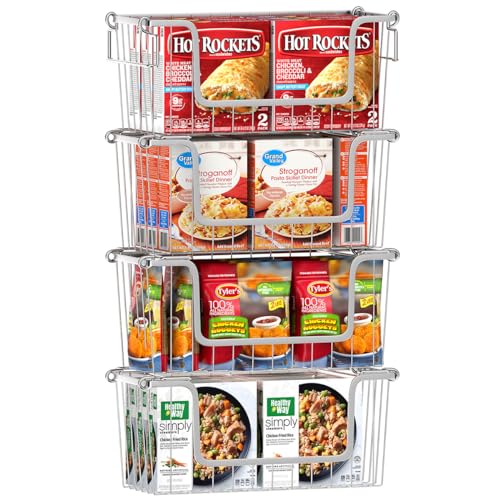Orgneas Stacking Freezer Organizer Bins for 5.0Cu.Ft Chest Freezer, Small Stackable Chest Freezer Baskets Metal Wire Kitchen Pantry Storage Open Front Deep Freezer Bins with Foldable Handles, Set of 4