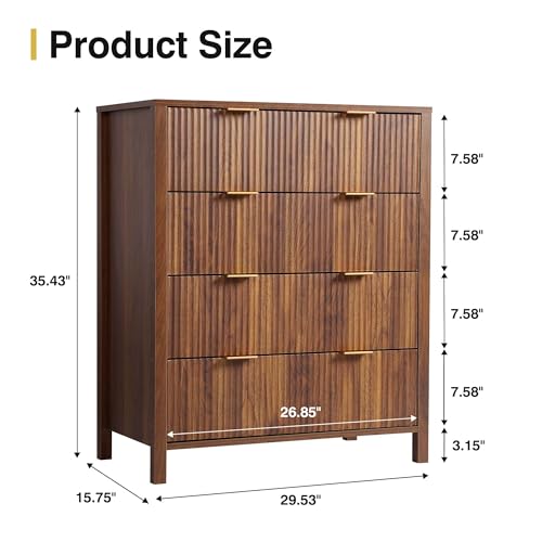 Fluted 5 Drawers Dresser for Bedroom, Wooden Tall Storage, Walnut L1075