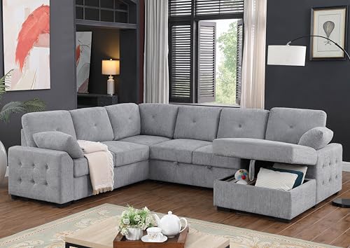 L-Shaped Pull Out Sleep Sofabed with Storage Chaise, Chenille Upholstered X30892