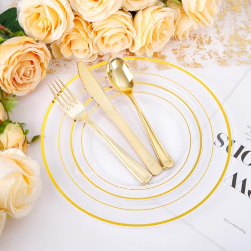bUCLA 300PCS Gold Disposable Dinnerware Set - White and Gold Plastic Plates for Party S185
