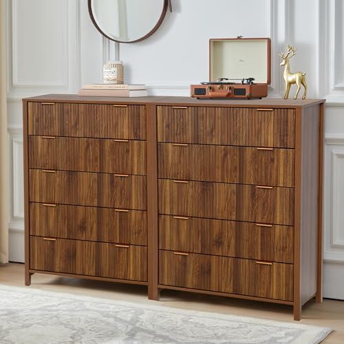 Fluted 5 Drawers Dresser for Bedroom, Wooden Tall Storage, Walnut L1075