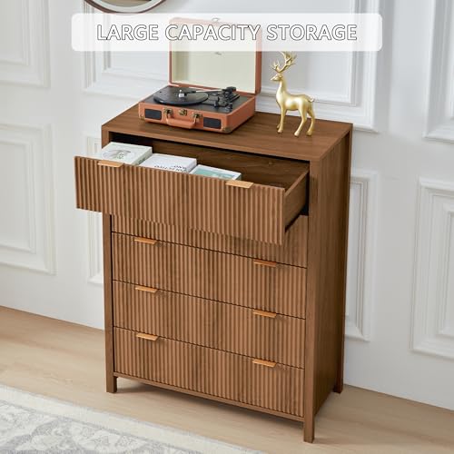 Fluted 5 Drawers Dresser for Bedroom, Wooden Tall Storage, Walnut L1075