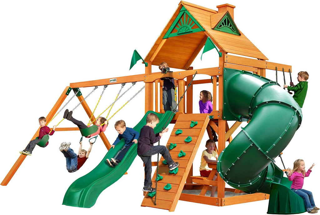 Gorilla Playsets 01-0005-AP Mountaineer Wooden Swing Set with Two Slides & Wood Roof, Brown
