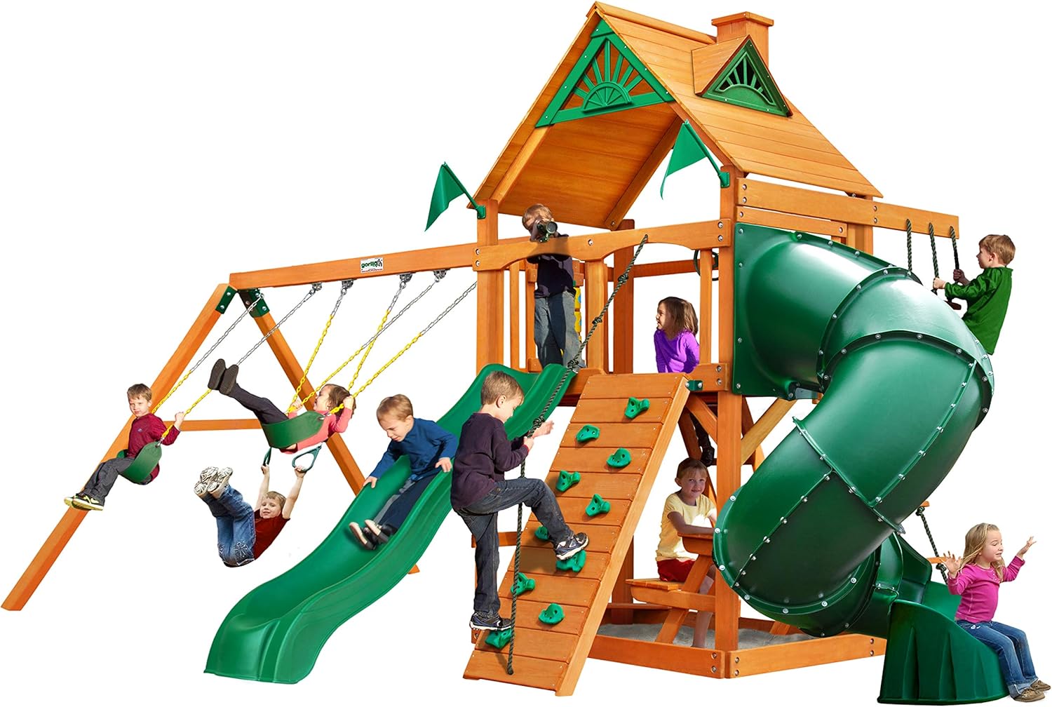 Gorilla Playsets 01-0005-AP Mountaineer Wooden Swing Set with Two Slides & Wood Roof, Brown