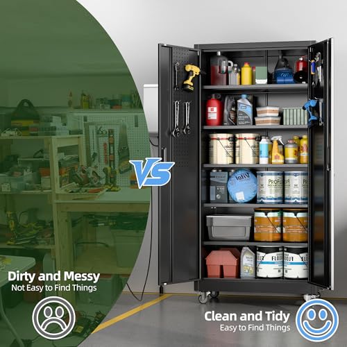 Aobabo 73''H Metal Garage Storage Cabinet with Wheels, Black S572804