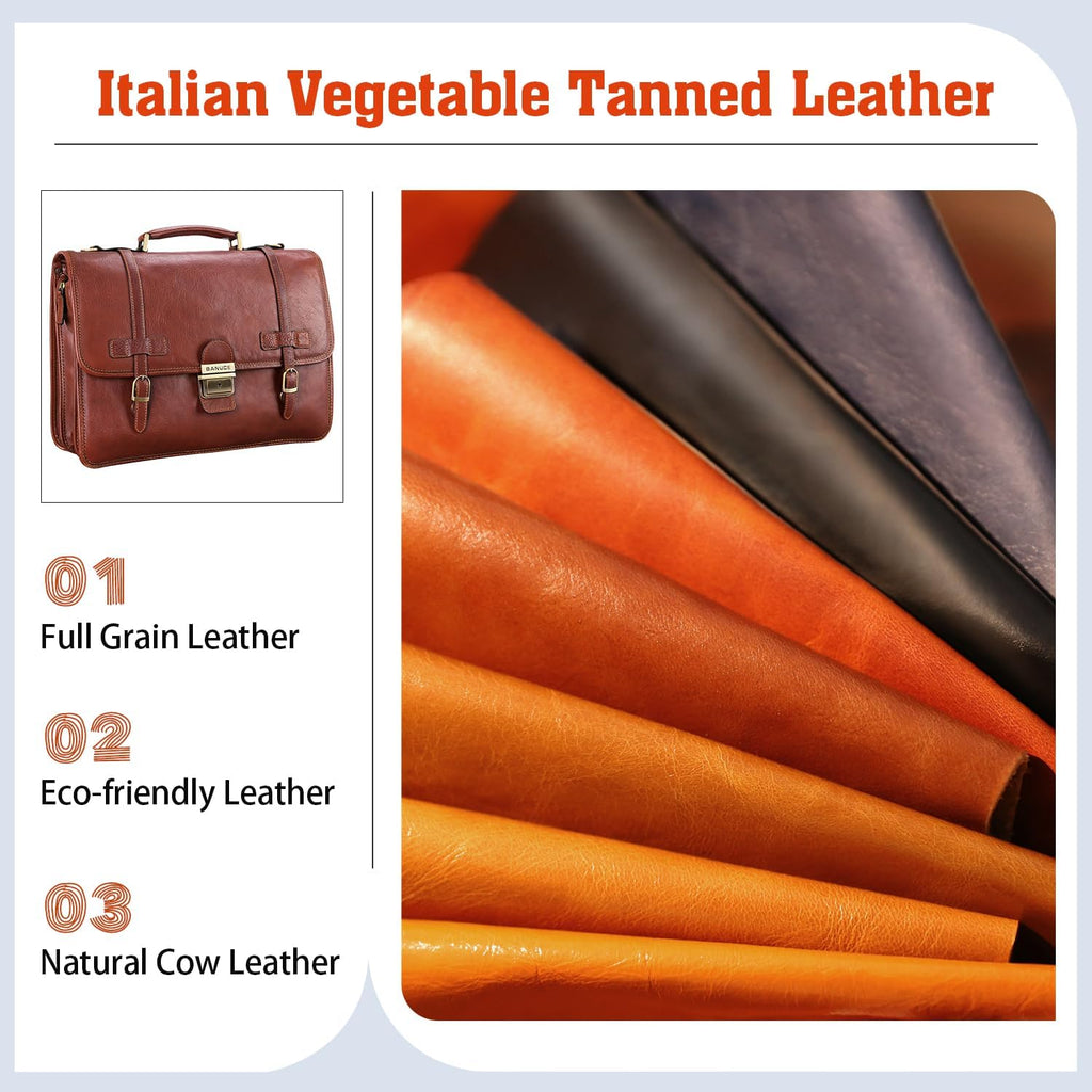 Banuce Vintage Genuine Full Grain Italian Leather Briefcase for Men with Lock 14 Inch Laptop Bag Brown B507453