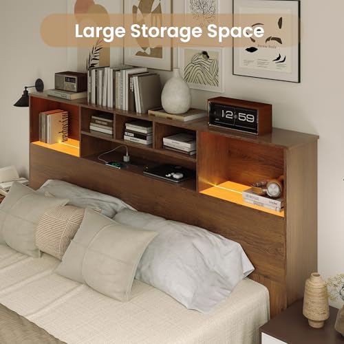 King Size Bed Headboard with LED Light and Storage Bookcase H72493
