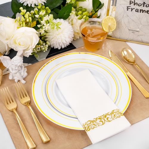 bUCLA 300PCS Gold Disposable Dinnerware Set - White and Gold Plastic Plates for Party S185